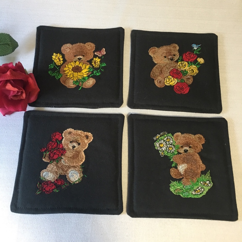 4 Embroidered coasters bears 5” Square Black background EUC New or like new. - Picture 1 of 9